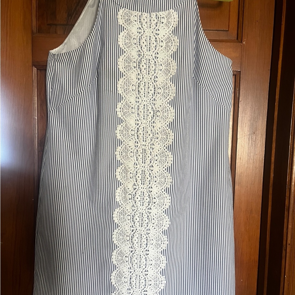London Times Navy and White Striped Dress with Lace Panel